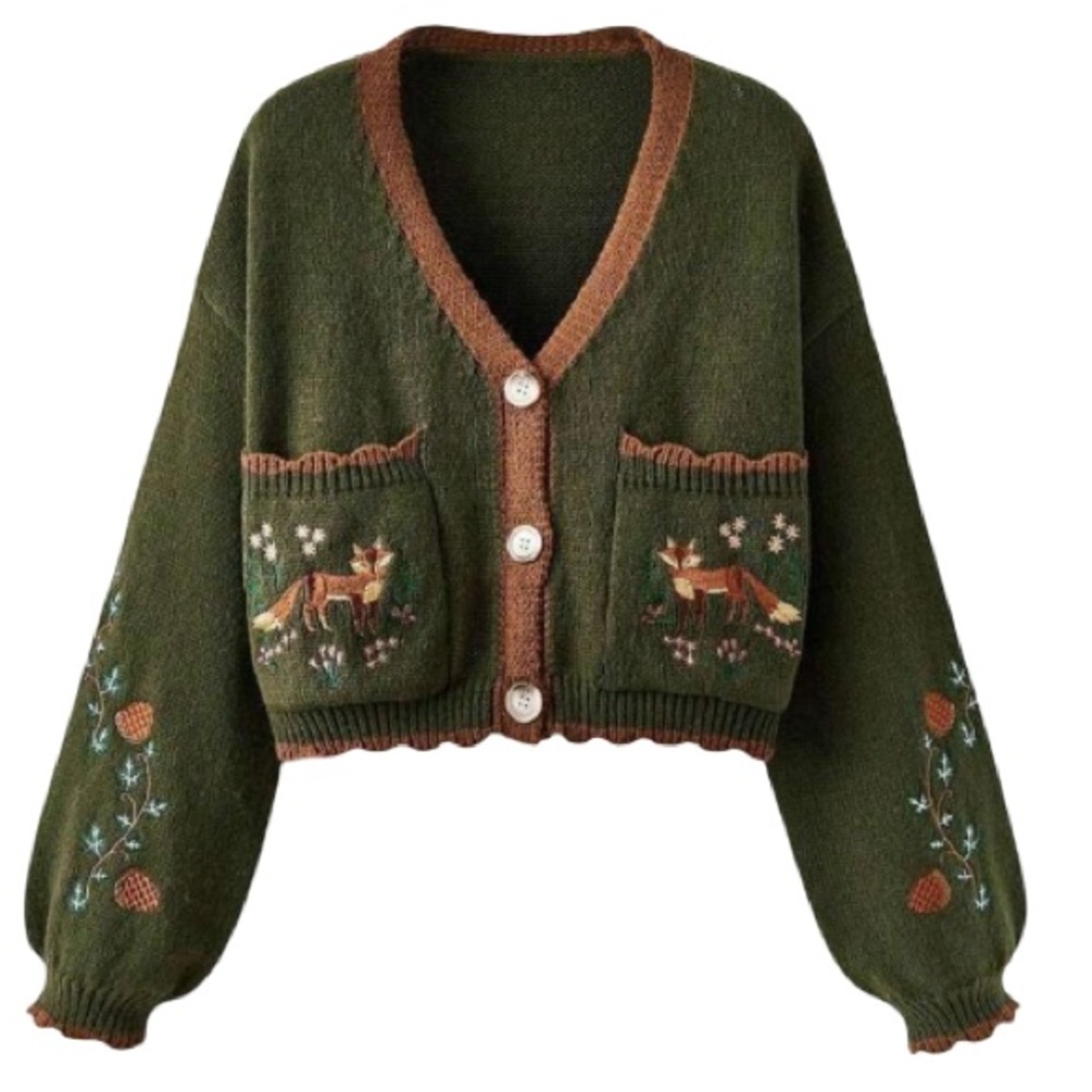 Green Fox Embroidered V-Neck Cardigan Sweater (Reposh)